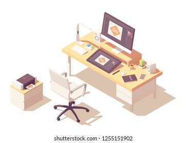 Graphic Designer Home Office Or Studio Workspace. Vector Isometric Room Cross-section With Desk, Desktop Pc, Graphic Tablet, Sketch Book, Office Chair, Printer And Stylish Lamp