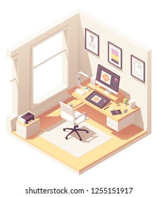 Graphic designer home office or studio workspace. Vector isometric room cross-section with desk, desktop pc, graphic tablet, sketch book, office chair, printer and color palettes book