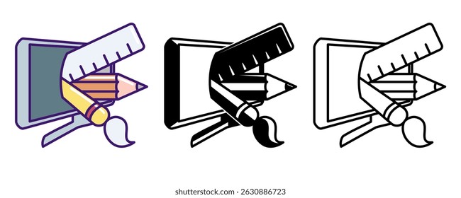 Graphic Designer icon represented by pencil, brush, ruler, computer Line, Filled, Color style.