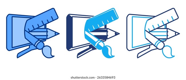 Graphic Designer icon represented by pencil, brush, ruler, computer Blue, Dualline, Dualtone style.