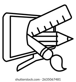 Graphic Designer icon represented by pencil, brush, ruler, computer Line style.