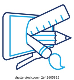 Graphic Designer icon represented by pencil, brush, ruler, computer Dual Line style.