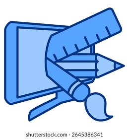 Graphic Designer icon represented by pencil, brush, ruler, computer Blue style.