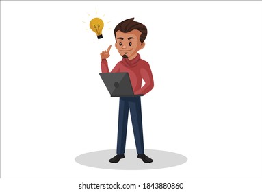 Graphic designer is with an idea and holding a laptop in hand. Vector graphic illustration. Individually on white background.