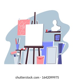 Graphic designer, illustrator or freelance workplace for artist. Creativity process, creative workplace. Modern vector illustration in flat cartoon style.