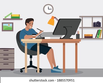 Graphic designer and illustrator working on his workplace with computer and table flat vector illustration