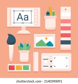 Graphic designer items and tools, office various objects and equipment. Vector illustration.