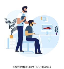 Graphic Designer Job Flat Vector Illustration. Professional Developer and Manager Cartoon Characters. Racing Game Development, Car Model Creation Process. Modern Artist Working with Tablet