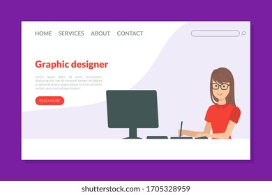 Graphic Designer Landing Page Template, Young Woman Sitting at Desktop and Working on Computer, Creative People Profession or Hobby Vector Illustration