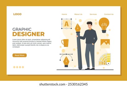 Graphic designer landing page template concept with flat icons set. Vector illustration of graphic design creative process