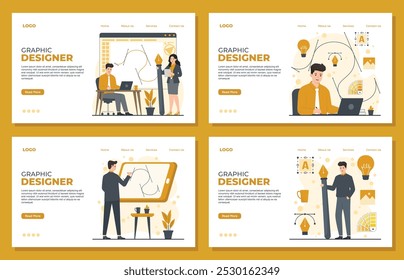 Graphic designer landing page template concept with flat icons set. Vector illustration of graphic design creative process