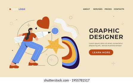 Graphic designer landing page. Woman holding big pencil and doing creative work. Vector flat cartoon illustration