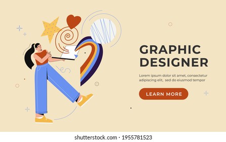 Graphic designer landing page. Woman holding laptop and doing creative work. Vector flat cartoon illustration