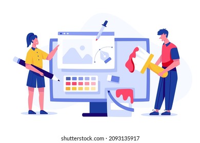 Graphic designer Learning program software painting on computer in website and tutorial channel or online education class. Vector Illustration of Graphic design develop skill