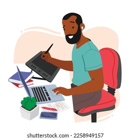 Graphic Designer Male Character Sitting At Desk with Laptop and Tablet Holding Stylus an Hand Drawing Sketches or Create Designs with Focused Inspired Look. Cartoon People Vector Illustration