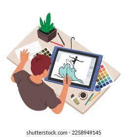 Graphic Designer Male Character With Stylus Drawing on Tablet at Workplace Top View. Man Bring Creativity Ideas To Life, Work On Digital Designs and Illustrations. Cartoon People Vector Illustration