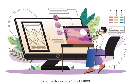 Graphic designer man. Young guy developing design elements for website. Freelancer and remote worker. Digital artist at workplace. Flat vector illustration isolated on white background