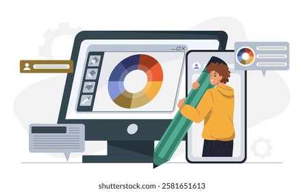 Graphic designer man. Young guy with large pencil near computer with color palette. Remote worker and freelancer. Digital artist create ui and ux design elements. Flat vector illustration