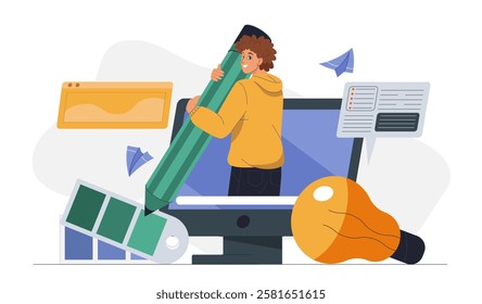 Graphic designer man. Young guy with huge pencil on computer screen near palette and light bulb. Remote worker and freelancer create graphic elements for website. Flat vector illustration