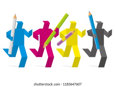 
Graphic designer marathon, design teamwork concept. 
Four running colored figures in CMYK color mode with coloured pencils. Concept for presenting of graphic desig, print. Vector available.