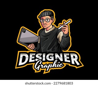 Graphic Designer Mascot Logo Design. Vector illustration Creative designer with tablet in his hand, Perfect for mascot Artist, Designer and a Freelancer