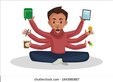 Ilustración gráfica vectorial. El diseñador gráfico es con múltiples manos y equipos. Individualmente sobre fondo blanco.