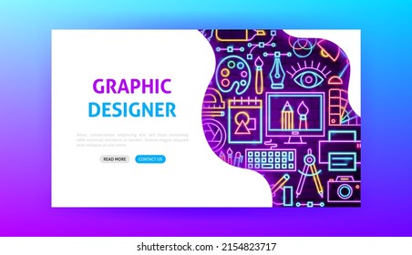 Graphic Designer Neon Landing Page. Vector Illustration Of Graphics Promotion.