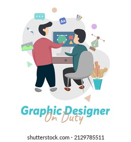 Graphic Designer On Duty With Computer Desk And Design Ornaments