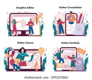 Graphic designer online service or platform set. Digital artist creating brand design, business identica and advert. Online consultation, course, portfolio, graphic editor. Flat illustration vector