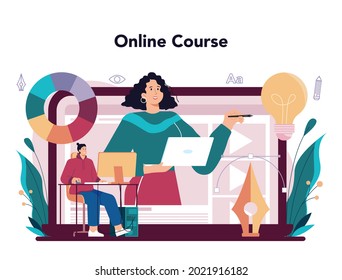 Graphic designer online service or platform. Digital artist creating brand design, business identica and advert. Online course. Flat illustration vector