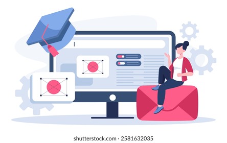 Graphic designer online. Woman sits on envelope near monitor screen with letter. Young girl develops ui and ux elements for website. Earning money on Internet. Flat vector illustration