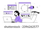 Graphic designer outline concept. Freelancer at workplace create design for webpage or website. Woman develop UI and UX elements. Linear flat vector illustration isolated on white background