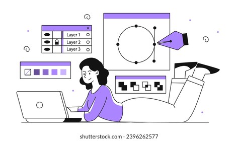 Graphic designer outline concept. Freelancer at workplace create design for webpage or website. Woman develop UI and UX elements. Linear flat vector illustration isolated on white background