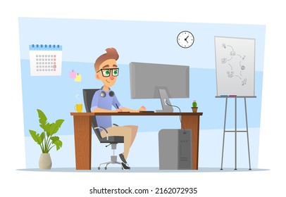 Graphic designer painting on graphic tablet and sitting in front of computer in office
