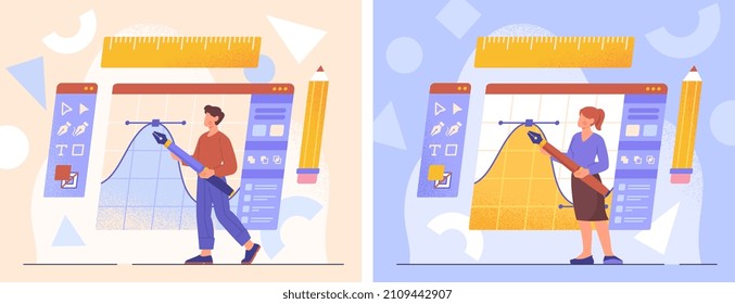 Graphic designer profession concept. Man and woman hold digital pen and draw Bezier curves. Metaphor for creating illustrations and pictures. Cartoon flat vector set isolated on white background
