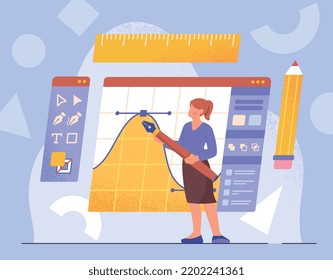 Graphic designer profession. Young girl illustrator or editor creates beautiful digital paintings in graphic vector program. Equipment and tools for creative employee. Cartoon flat vector illustration