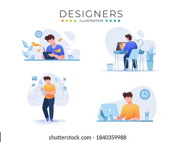 Graphic or designer professional in the middle of workflow. Front, side and back views vector illustrations . creative specialist at work with graphic editor on the pc.