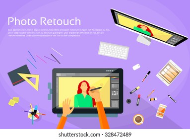 Graphic Designer Professional Tablet Drawing Photographer Portrait Photo Retouch Workspace Desk Computer Screen Flat Vector Illustration