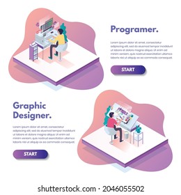 graphic designer and programer work together isometric illuatration flat design, creative agency