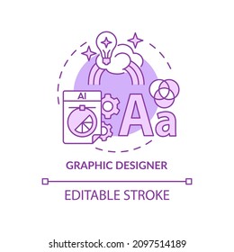 Graphic designer purple concept icon. Digital marketing job abstract idea thin line illustration. Isolated outline drawing. Editable stroke. Roboto-Medium, Myriad Pro-Bold fonts used