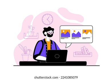 Graphic designer purple concept with people scene in the flat cartoon design. Creative designer work on creating different cool pictures on the computer. Vector illustration.