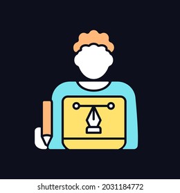 Graphic designer RGB color icon for dark theme. Creating websites and advertisment. Visual artist. Isolated vector illustration on night mode background. Simple filled line drawing on black