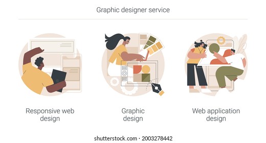 Graphic designer service abstract concept vector illustration set. Responsive web design, graphic and web application, UI and UX, landing page layout, user interface, CSS media abstract metaphor.