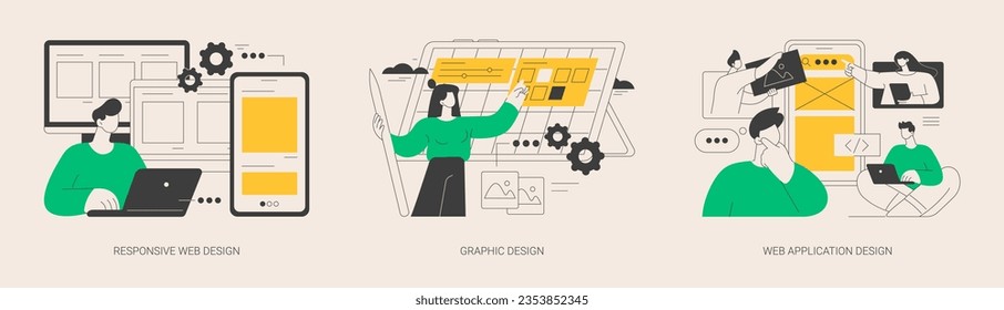 Graphic designer service abstract concept vector illustration set. Responsive web design, graphic and web application, UI and UX, landing page layout, user interface, CSS media abstract metaphor.