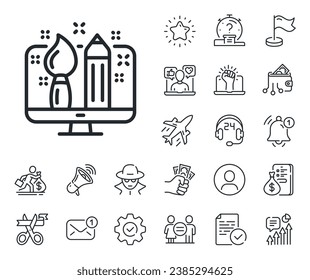 Graphic designer sign. Salaryman, gender equality and alert bell outline icons. Creative design line icon. Brush and pencil symbol. Creative design line sign. Spy or profile placeholder icon. Vector