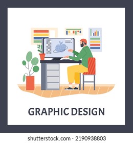 Graphic designer sitting at desk and working on 3D model, poster template with text, flat vector illustration. Man developing illustration on computer. Freelancer or office employee.