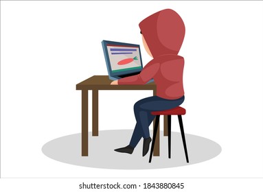 Graphic designer is sitting at a table and working on a laptop. Vector graphic illustration. Individually on white background.