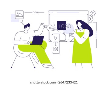 Graphic designer software abstract concept vector illustration. Colleagues creating company logo using professional graphic design software on computer, modern IT technology abstract metaphor.