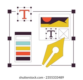 Graphic designer software, flat line color isolated vector object. Text, color palette and pen nib. Editable clip art image on white background. Simple outline cartoon spot illustration for web design