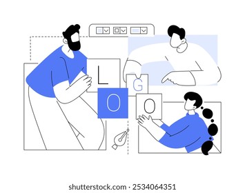Graphic designer software isolated cartoon vector illustrations. Colleagues creating company logo using professional graphic design software on computer, modern IT technology vector cartoon.